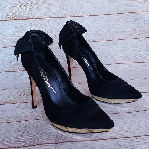 Alice + Olivia by Stacey Bendet Black Faille Fabric Platform Heels Bow Pumps - Picture 1 of 16